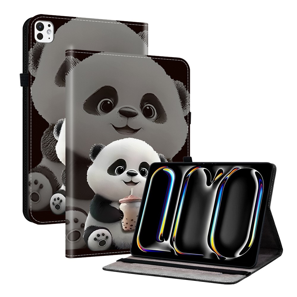 For iPad Pro 13 (2025) / (2024) Leather Case Pattern Printed Stand Tablet Cover with Card Slots - Milk Tea Panda