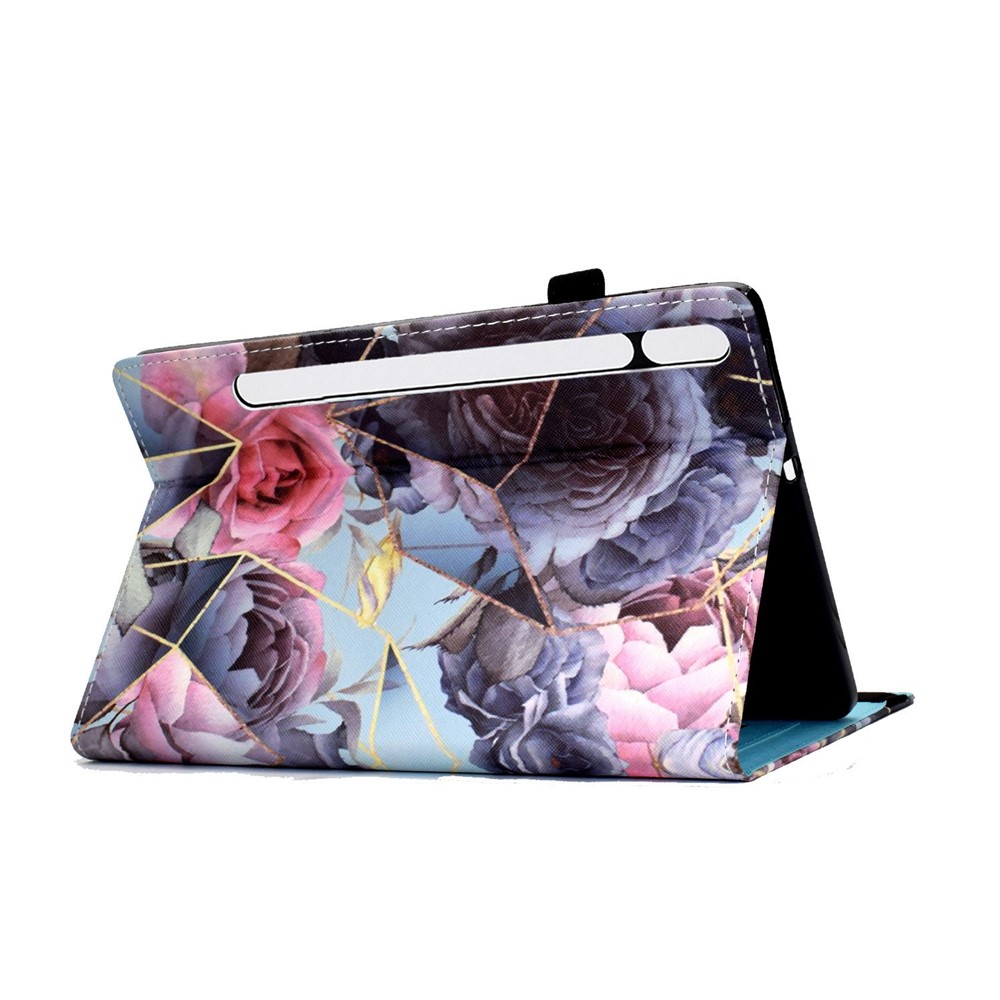 For Samsung Galaxy Tab S7 SM-T870 / T875 / S8 SM-X700 / X706 Elastic Band Design Pattern Printing PU Leather Cover Card Slots Stand Function Case with Pencil Holder - Pink Rose-4