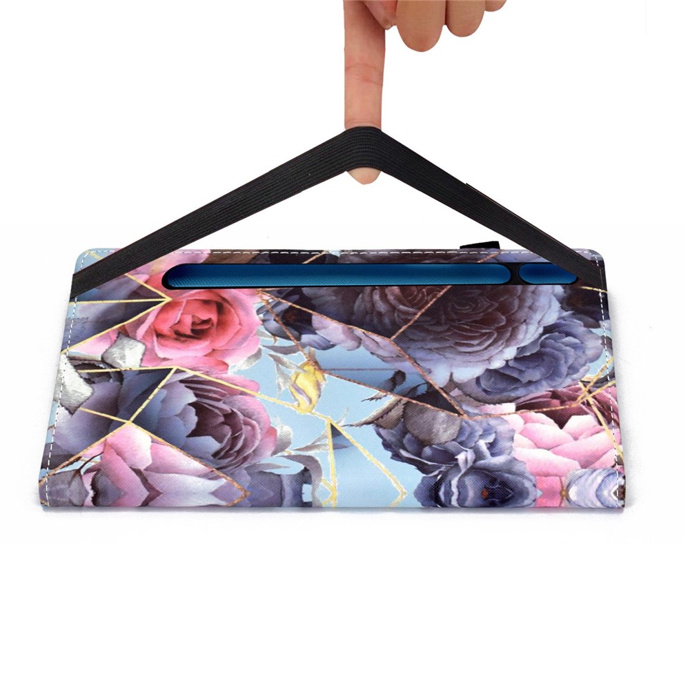 For Samsung Galaxy Tab S7 SM-T870 / T875 / S8 SM-X700 / X706 Elastic Band Design Pattern Printing PU Leather Cover Card Slots Stand Function Case with Pencil Holder - Pink Rose-5