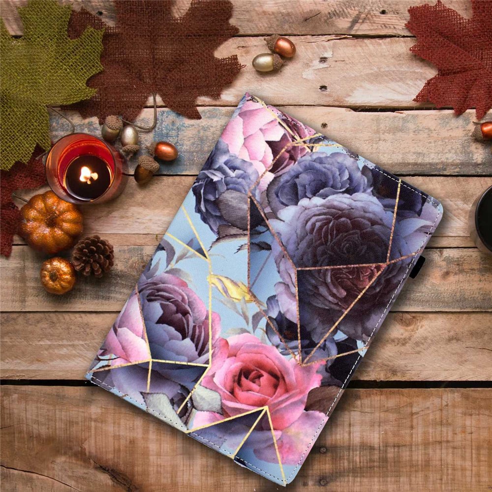 For Samsung Galaxy Tab S7 SM-T870 / T875 / S8 SM-X700 / X706 Elastic Band Design Pattern Printing PU Leather Cover Card Slots Stand Function Case with Pencil Holder - Pink Rose-7
