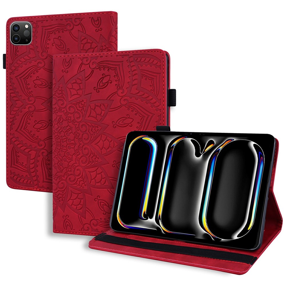 Tablet Case For iPad Pro 13 (2025) / (2024) Imprinting Calf Leather Flower Pattern Stand Cover Shell with Pen Holder Strap - Red