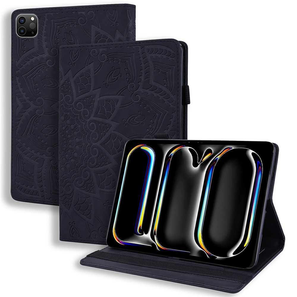 Tablet Case For iPad Pro 13 (2025) / (2024) Imprinting Calf Leather Flower Pattern Stand Cover Shell with Pen Holder Strap - Black
