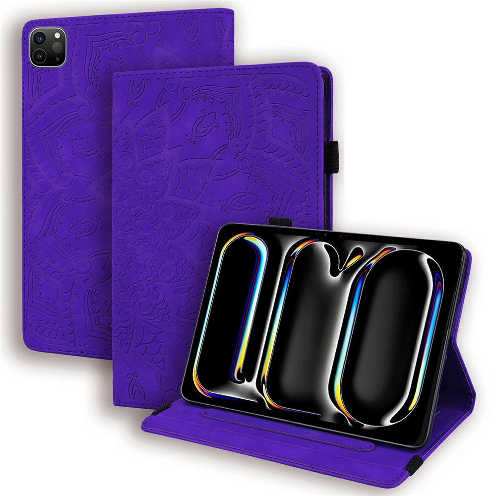 Tablet Case For iPad Pro 13 (2025) / (2024) Imprinting Calf Leather Flower Pattern Stand Cover Shell with Pen Holder Strap - Purple