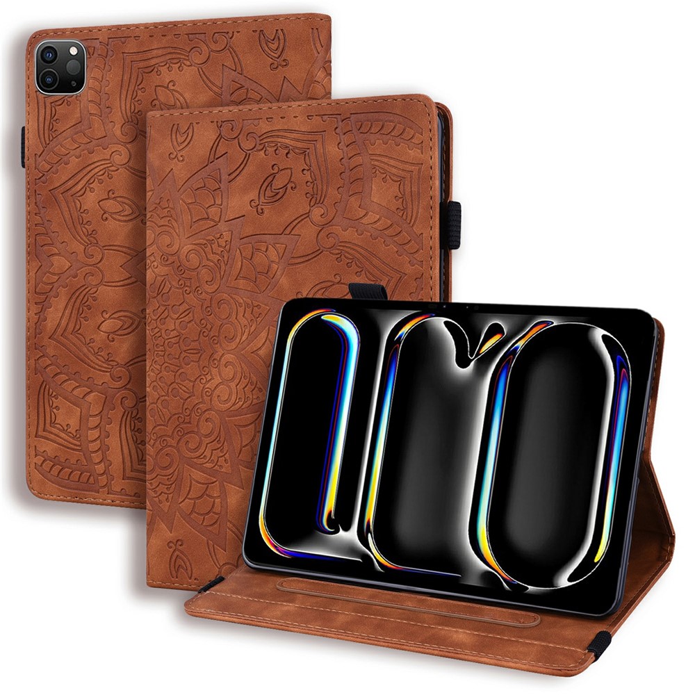 Tablet Case For iPad Pro 13 (2025) / (2024) Imprinting Calf Leather Flower Pattern Stand Cover Shell with Pen Holder Strap - Brown