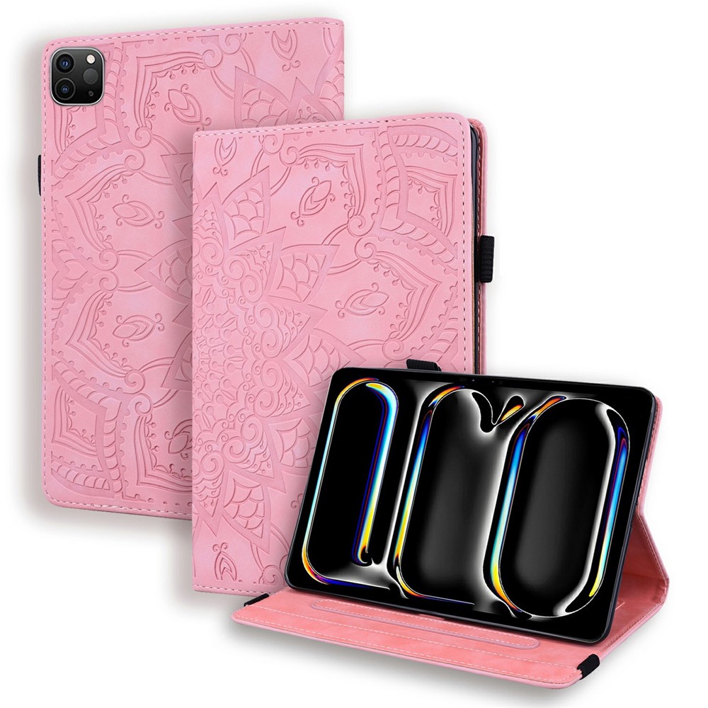 Tablet Case For iPad Pro 13 (2025) / (2024) Imprinting Calf Leather Flower Pattern Stand Cover Shell with Pen Holder Strap - Pink