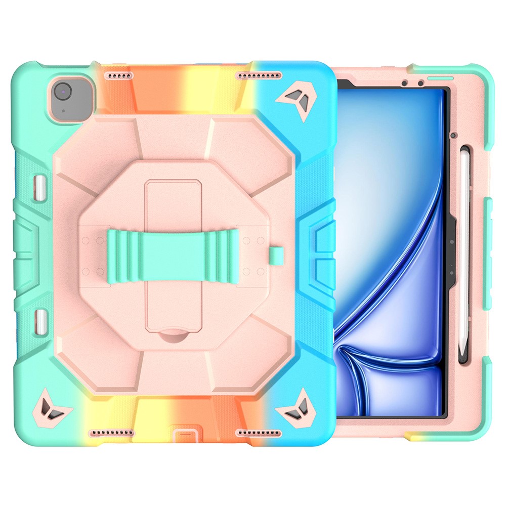 For iPad Air 13 (2026) / (2025) / (2024) Case with Kickstand Wrist Strap PC + Silicone Tablet Cover - Rainbow+Pink