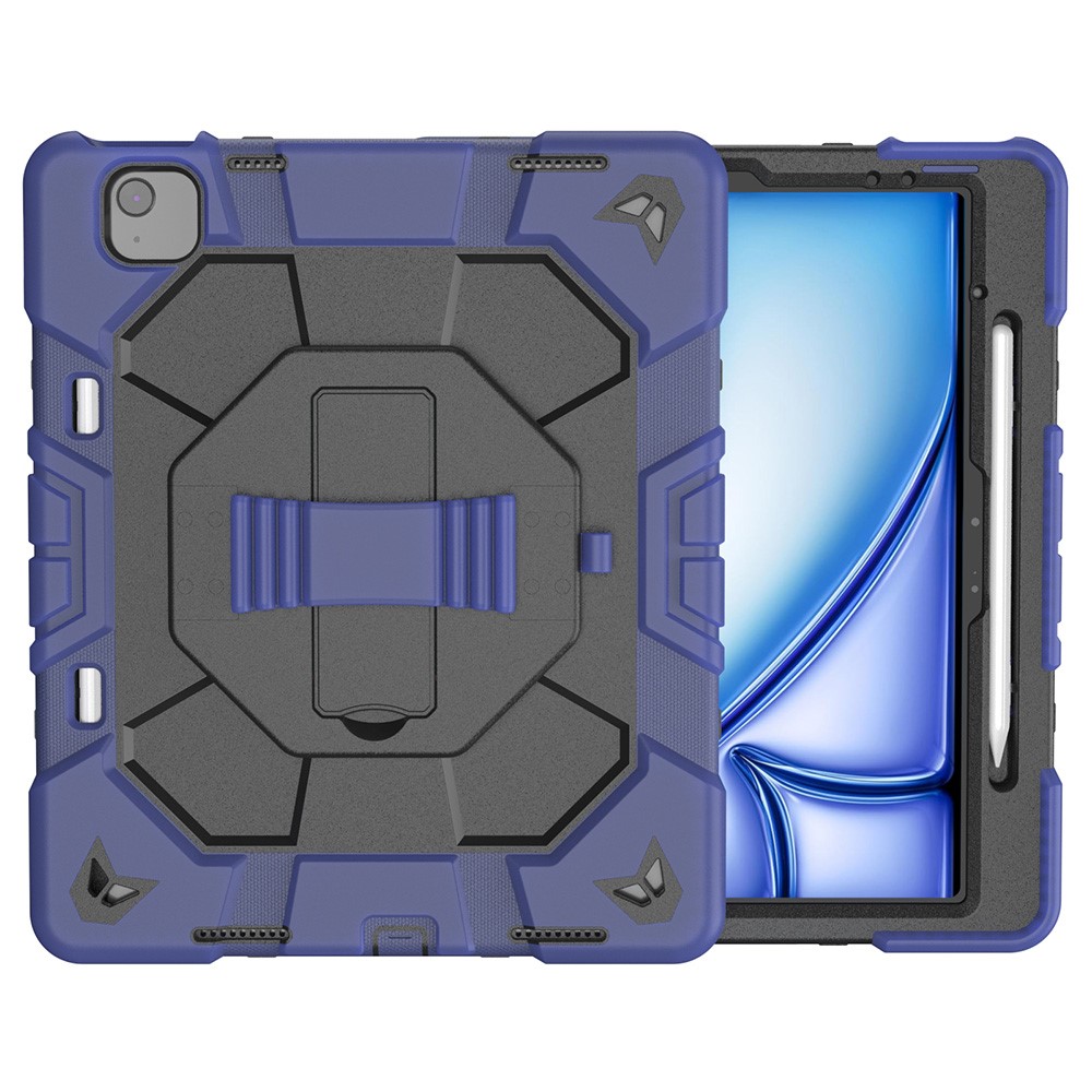 For iPad Air 13 (2026) / (2025) / (2024) Case with Kickstand Wrist Strap PC + Silicone Tablet Cover - Navy Blue + Black