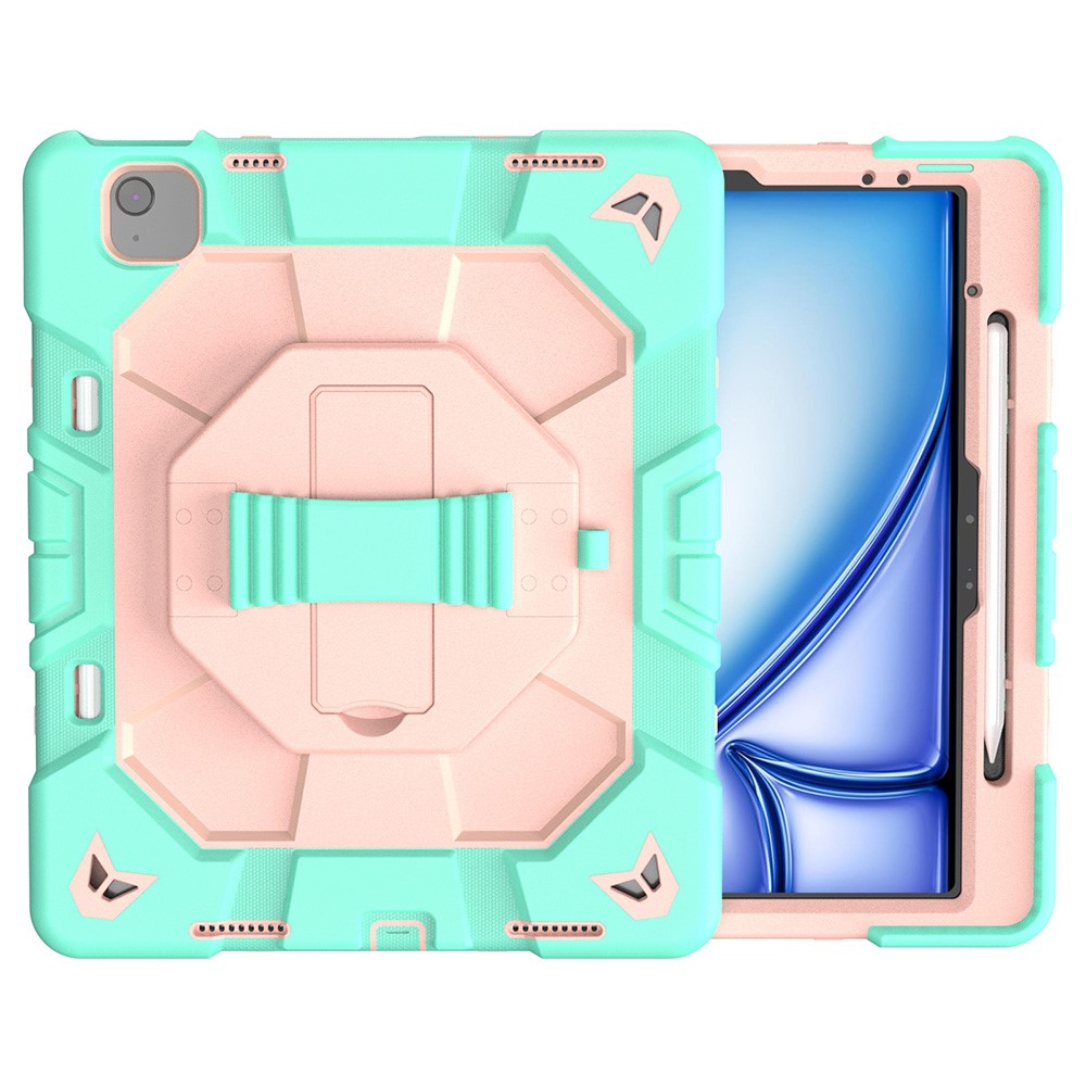 For iPad Air 13 (2026) / (2025) / (2024) Case with Kickstand Wrist Strap PC + Silicone Tablet Cover - Grass Green + Pink