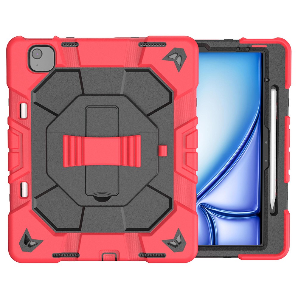For iPad Air 13 (2026) / (2025) / (2024) Case with Kickstand Wrist Strap PC + Silicone Tablet Cover - Red + Black