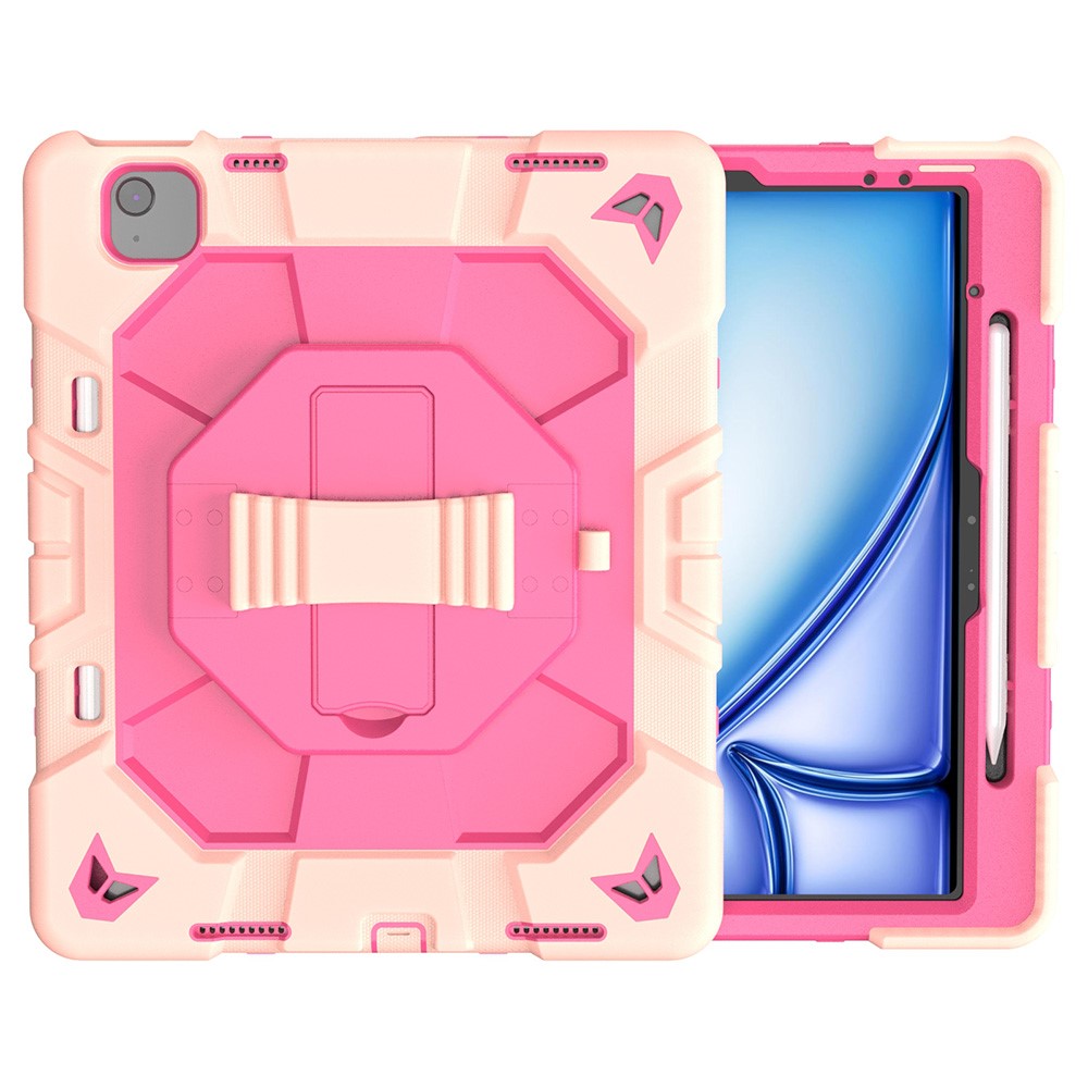 For iPad Air 13 (2026) / (2025) / (2024) Case with Kickstand Wrist Strap PC + Silicone Tablet Cover - Pink + Rose Red