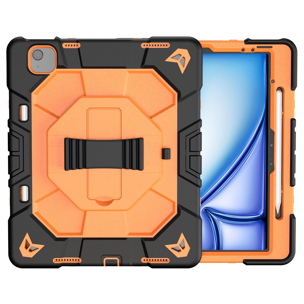 For iPad Air 13 (2026) / (2025) / (2024) Case with Kickstand Wrist Strap PC + Silicone Tablet Cover - Black + Orange