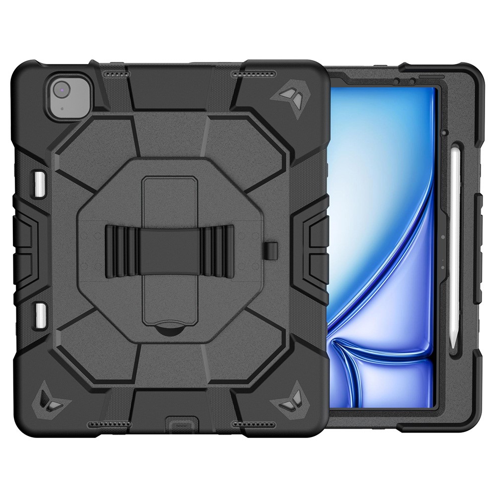 For iPad Air 13 (2026) / (2025) / (2024) Case with Kickstand Wrist Strap PC + Silicone Tablet Cover - All Black