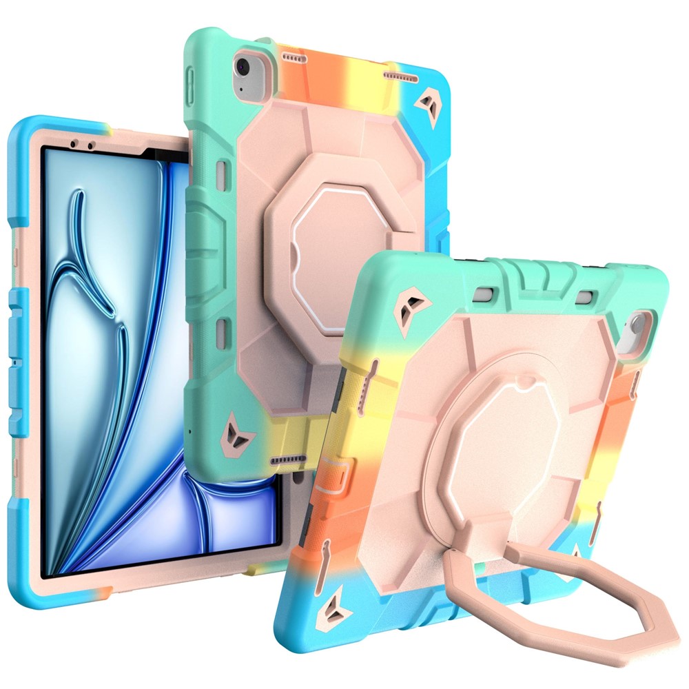 For iPad Air 13 (2026) / (2025) / (2024) Case with Hand Grip Kickstand PC + Silicone Tablet Cover - Rainbow+Pink