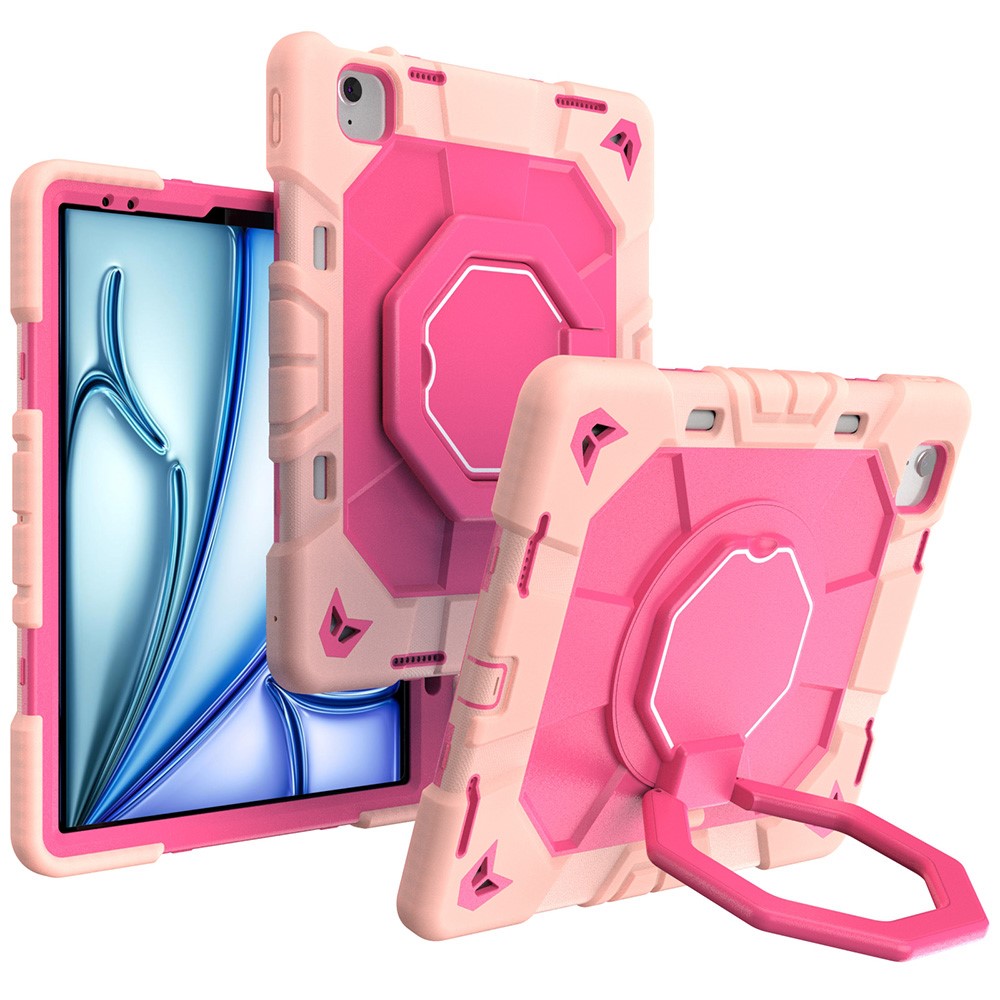 For iPad Air 13 (2026) / (2025) / (2024) Case with Hand Grip Kickstand PC + Silicone Tablet Cover - Pink + Rose Red