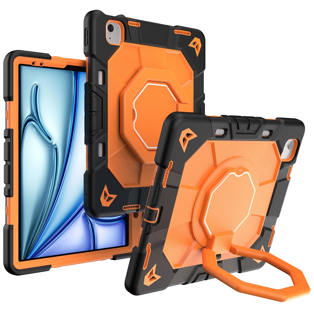 For iPad Air 13 (2026) / (2025) / (2024) Case with Hand Grip Kickstand PC + Silicone Tablet Cover - Black + Orange