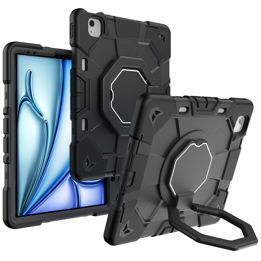 For iPad Air 13 (2026) / (2025) / (2024) Case with Hand Grip Kickstand PC + Silicone Tablet Cover - All Black