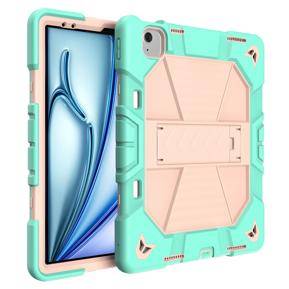 For iPad Air 13 (2026) / (2025) / (2024) Tablet Case with Kickstand PC + Silicone Shockproof Protective Cover - Grass Green + Pink