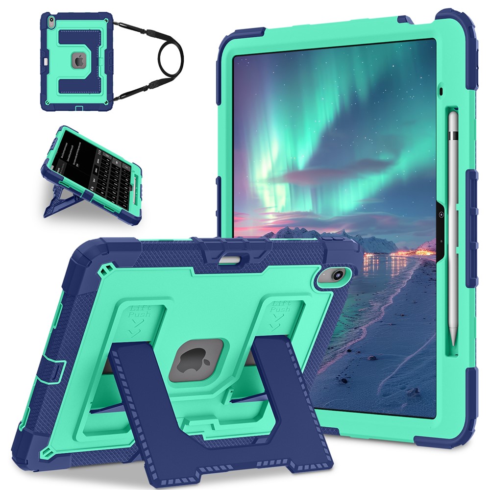 Kickstand Case with Shoulder Strap for iPad Air 13 (2026) / (2025) / (2024) Anti Drop PC + Silicone Tablet Cover - Navy Blue / Mint Green