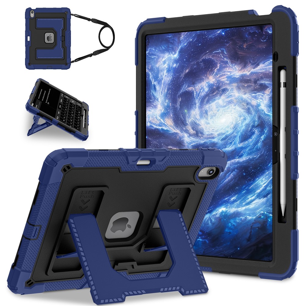 Kickstand Case with Shoulder Strap for iPad Air 13 (2026) / (2025) / (2024) Anti Drop PC + Silicone Tablet Cover - Navy Blue / Black