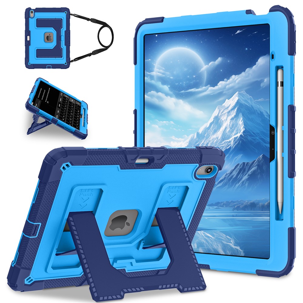 Kickstand Case with Shoulder Strap for iPad Air 13 (2026) / (2025) / (2024) Anti Drop PC + Silicone Tablet Cover - Navy Blue / Blue