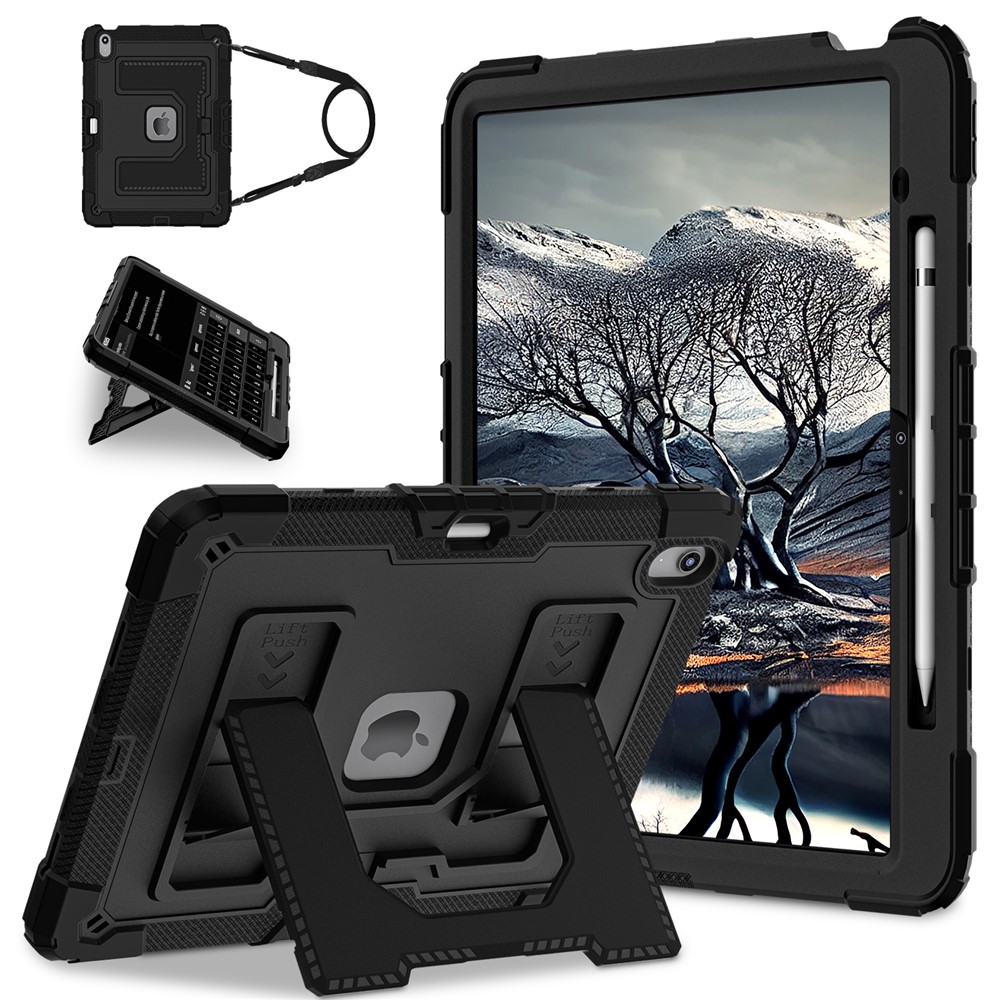 Kickstand Case with Shoulder Strap for iPad Air 13 (2026) / (2025) / (2024) Anti Drop PC + Silicone Tablet Cover - Black / Black