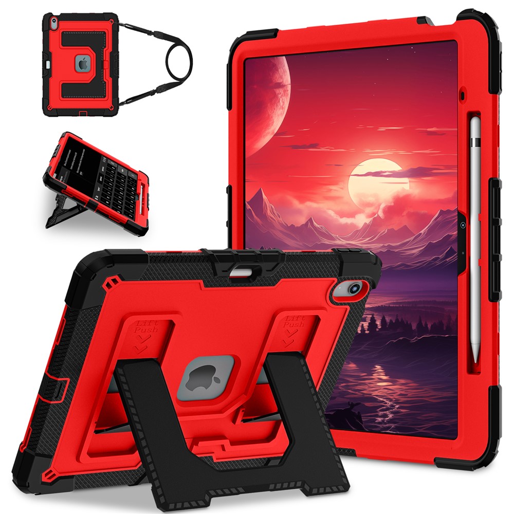 Kickstand Case with Shoulder Strap for iPad Air 13 (2026) / (2025) / (2024) Anti Drop PC + Silicone Tablet Cover - Black / Red
