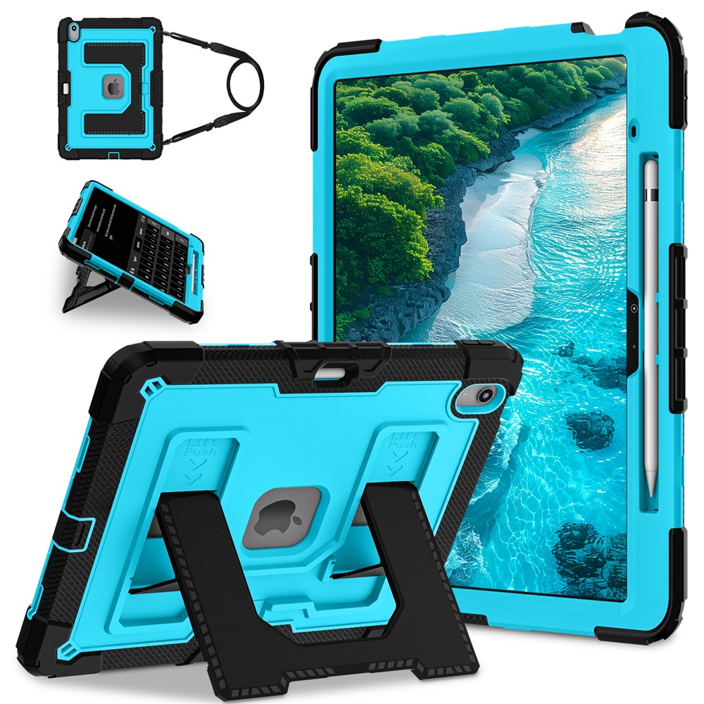 Kickstand Case with Shoulder Strap for iPad Air 13 (2026) / (2025) / (2024) Anti Drop PC + Silicone Tablet Cover - Black / Blue