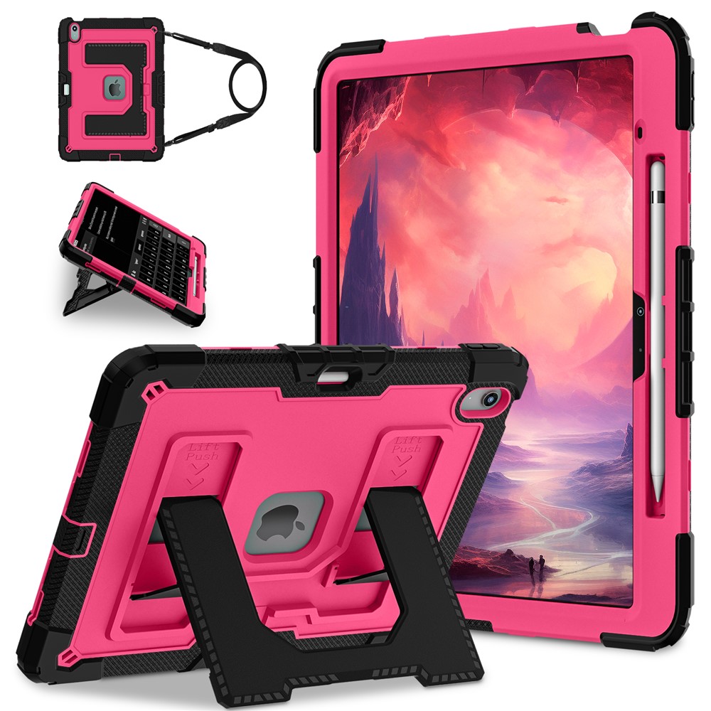 Kickstand Case with Shoulder Strap for iPad Air 13 (2026) / (2025) / (2024) Anti Drop PC + Silicone Tablet Cover - Black / Rose