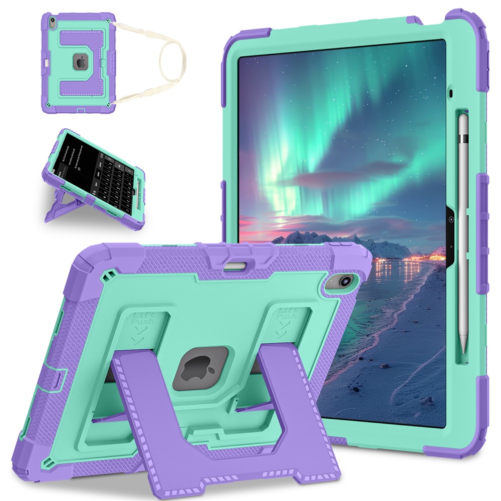 Kickstand Case with Shoulder Strap for iPad Air 13 (2026) / (2025) / (2024) Anti Drop PC + Silicone Tablet Cover - Purple / Mint Green