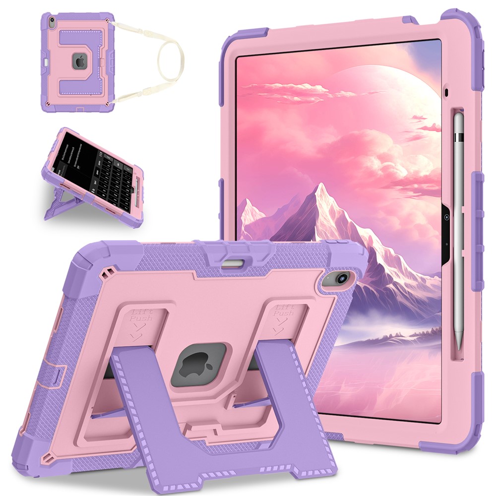 Kickstand Case with Shoulder Strap for iPad Air 13 (2026) / (2025) / (2024) Anti Drop PC + Silicone Tablet Cover - Purple / Rose Gold