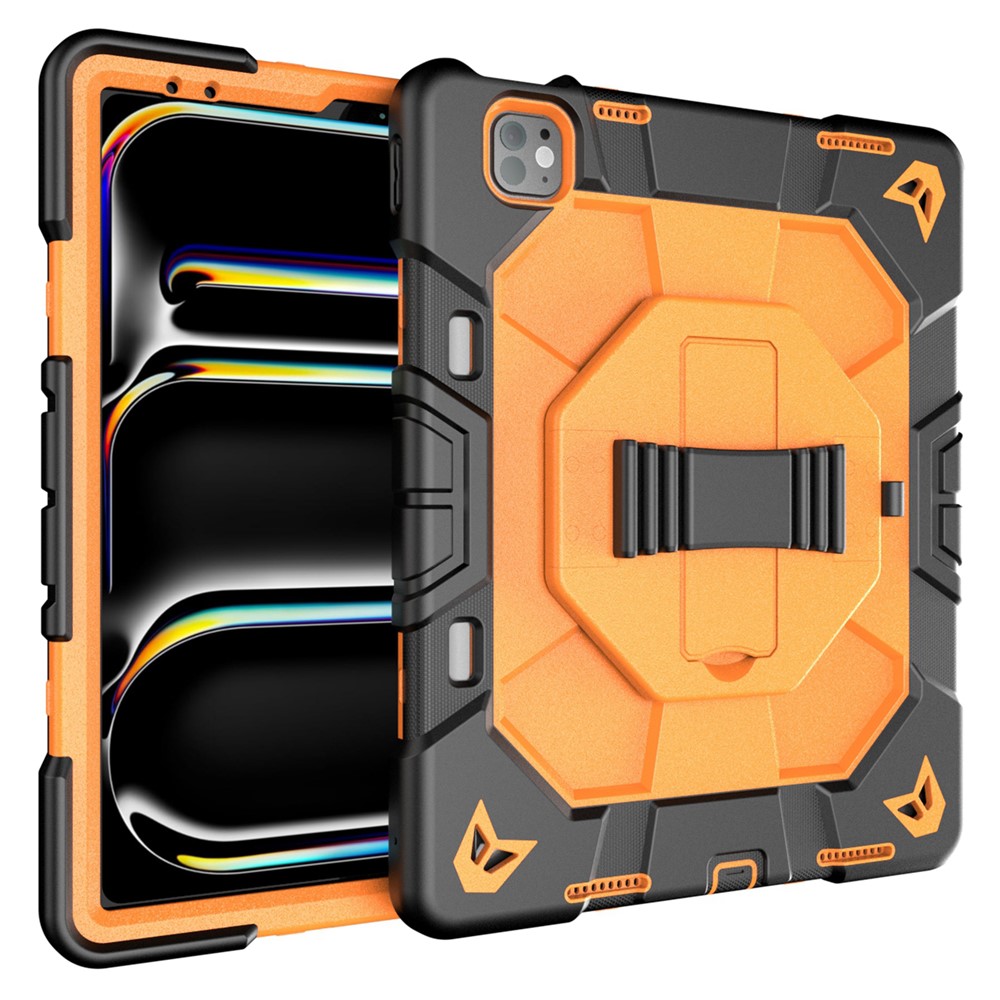 Case For iPad Pro 13 (2025)  /  (2024) with Kickstand Wrist Strap PC + Silicone Tablet Cover - Black + Orange