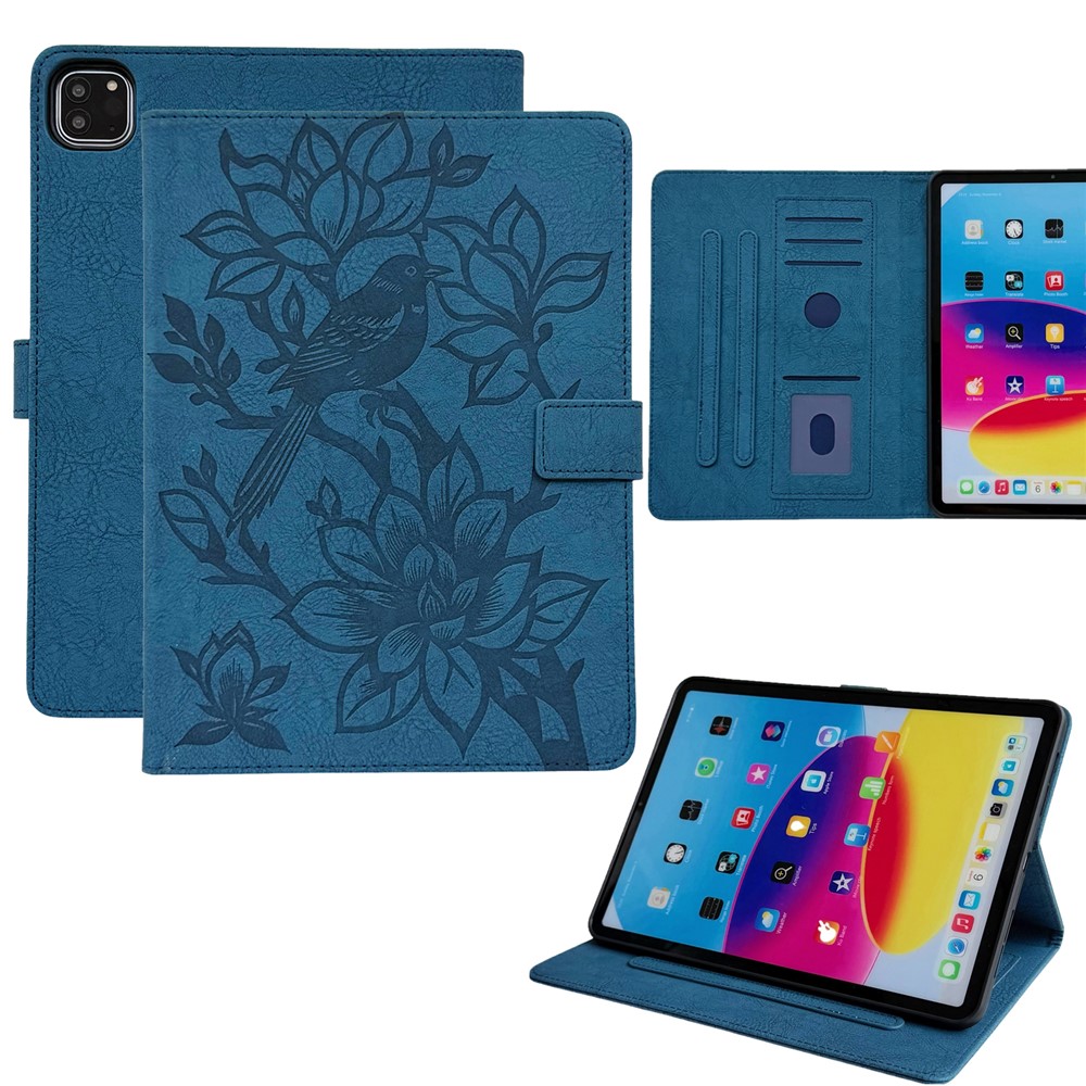 Tablet Case for iPad Pro 13 (2025) / (2024) Embossed Magpie Pattern TPU PU Protective Cover with Card Slots - Blue