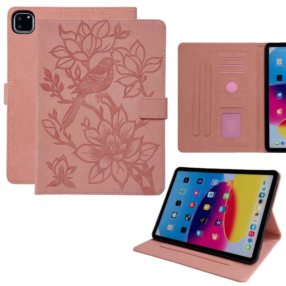 Tablet Case for iPad Pro 13 (2025) / (2024) Embossed Magpie Pattern TPU PU Protective Cover with Card Slots - Pink