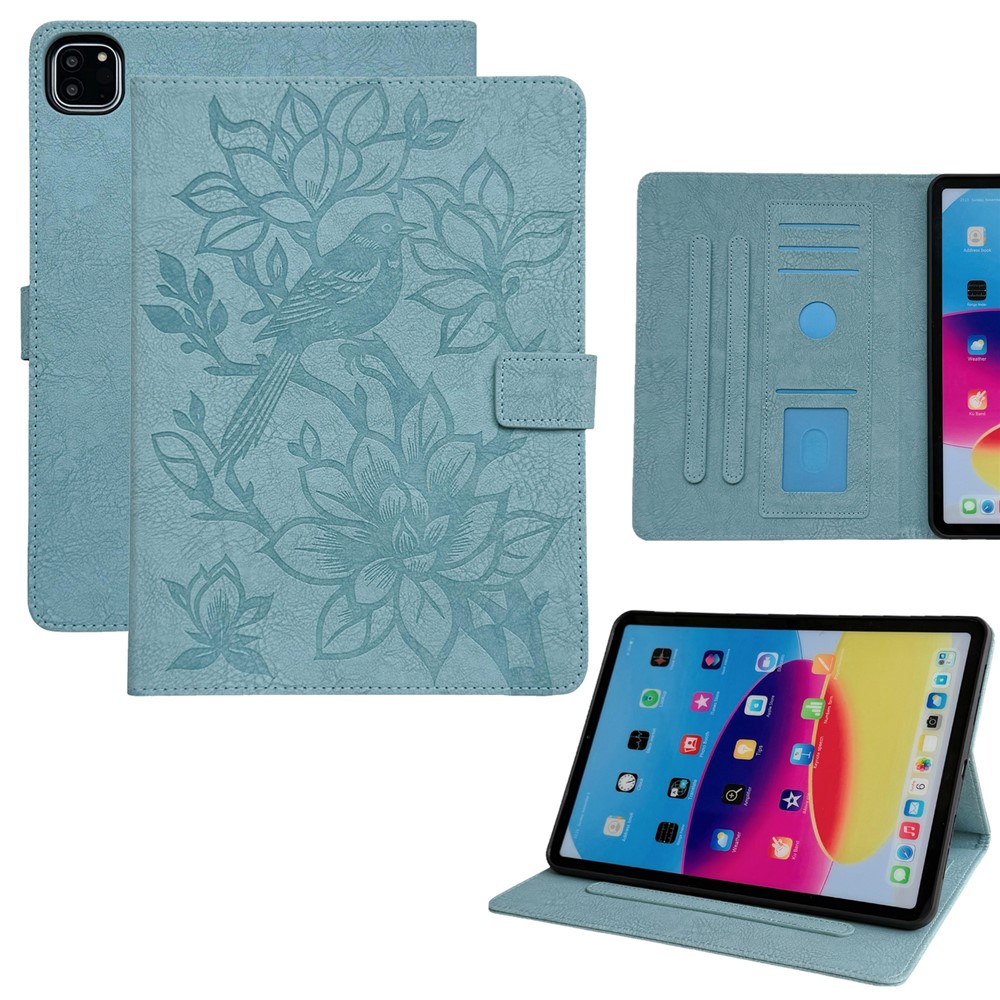 Tablet Case for iPad Pro 13 (2025)  /  (2024) Embossed Magpie Pattern TPU PU Protective Cover with Card Slots - Misty Blue