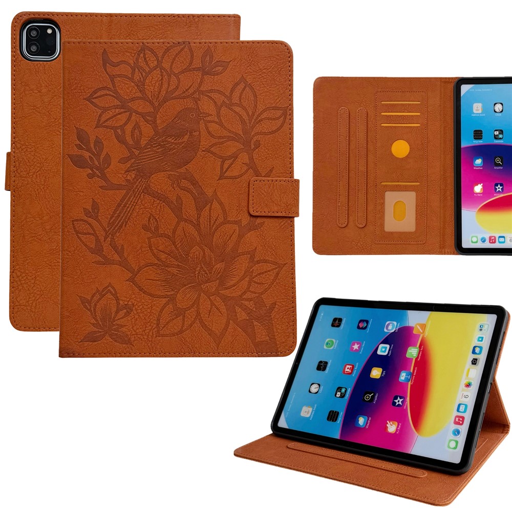 Tablet Case for iPad Pro 13 (2025) / (2024) Embossed Magpie Pattern TPU PU Protective Cover with Card Slots - Brown