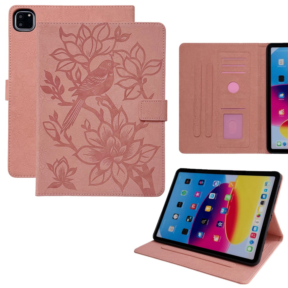 Tablet Case for iPad Air 13 (2026) / (2025) / (2024) / Pro 12.9 (2021) / (2020) / (2018) Embossed Magpie Pattern TPU PU Protective Cover with Card Slots - Pink