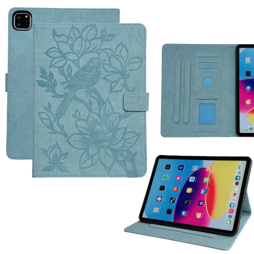 Tablet Case for iPad Air 13 (2026) / (2025) / (2024) / Pro 12.9 (2021) / (2020) / (2018) Embossed Magpie Pattern TPU PU Protective Cover with Card Slots - Misty Blue