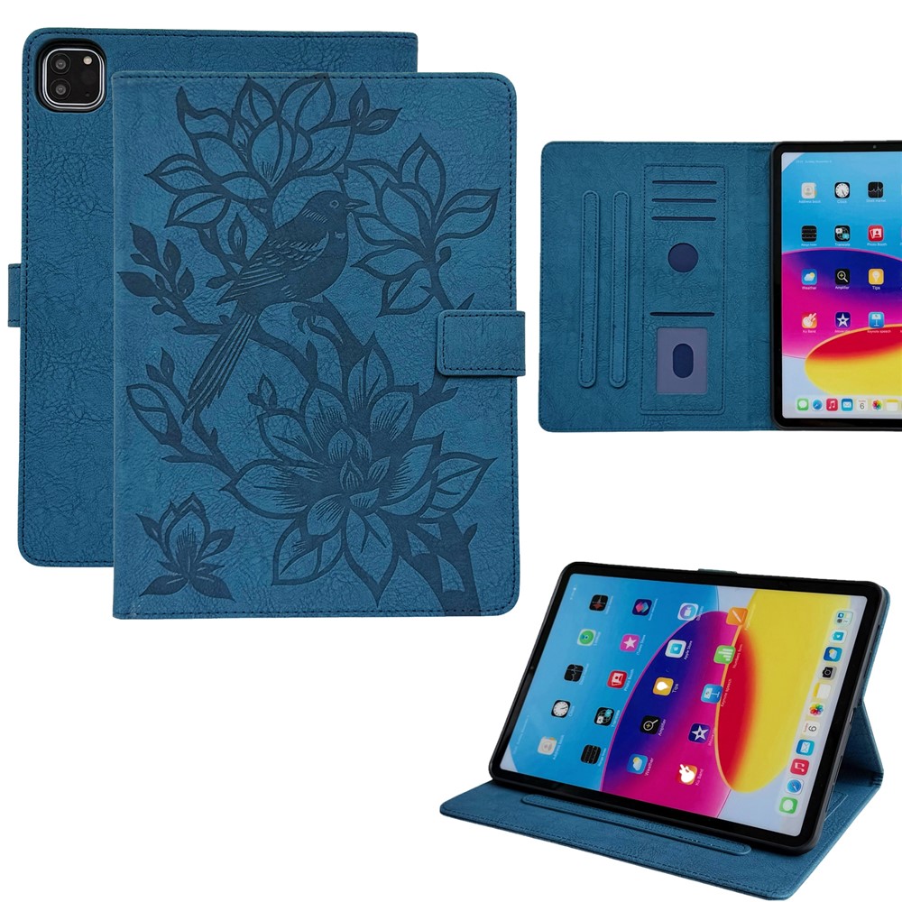 Tablet Case for iPad Air 13 (2026)  /  (2025)  /  (2024)  /  Pro 12.9 (2021)  /  (2020)  /  (2018) Embossed Magpie Pattern TPU PU Protective Cover with Card Slots - Blue