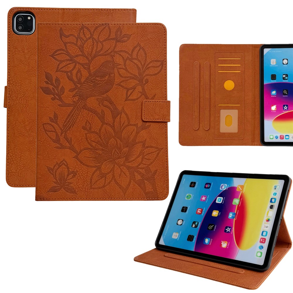 Tablet Case for iPad Air 13 (2026) / (2025) / (2024) / Pro 12.9 (2021) / (2020) / (2018) Embossed Magpie Pattern TPU PU Protective Cover with Card Slots - Brown