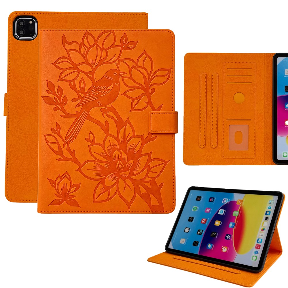 Tablet Case for iPad Air 13 (2026) / (2025) / (2024) / Pro 12.9 (2021) / (2020) / (2018) Embossed Magpie Pattern TPU PU Protective Cover with Card Slots - Orange