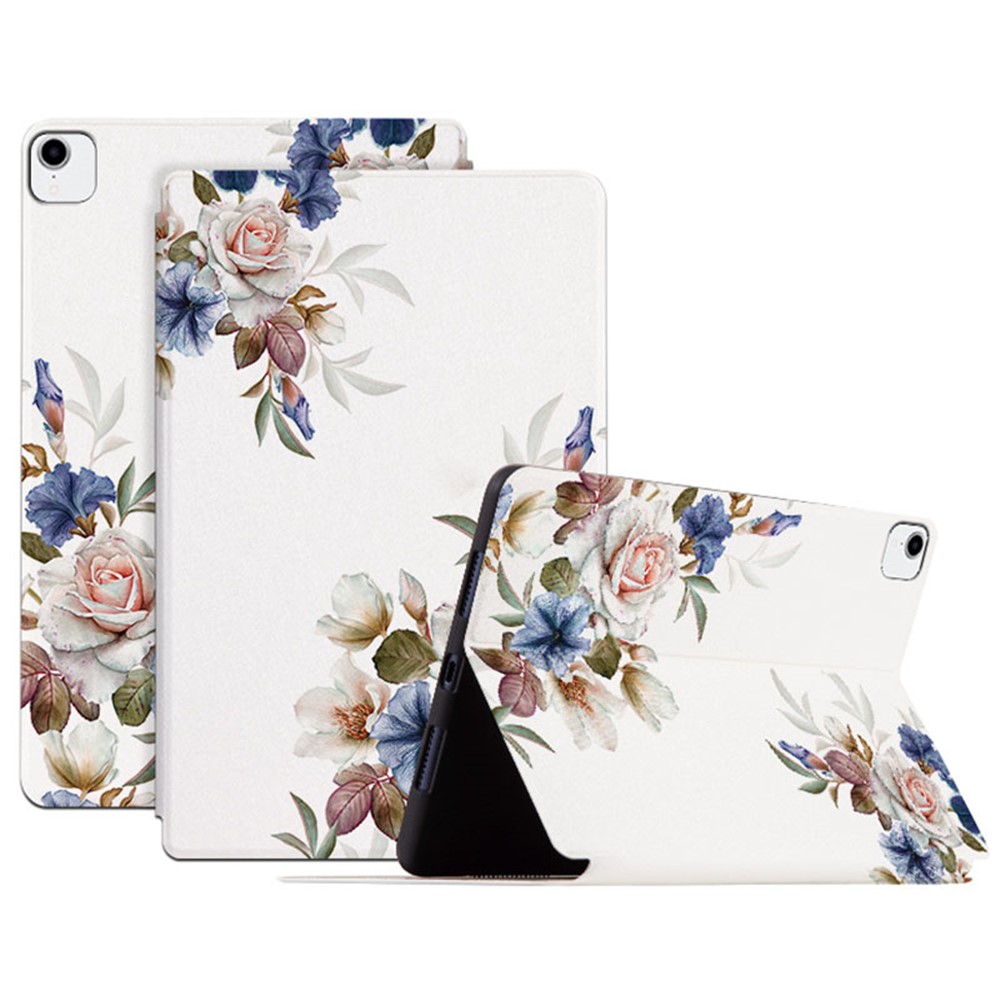 For Apple iPad Pro 11 (2018) / (2020) / (2021) / (2022) Stand Design Flower Pattern Printed Folio Flip Tablet Case Anti-scratch Leather Protective Cover - White Flower Bush