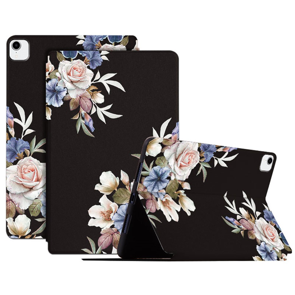 For Apple iPad Pro 11 (2018) / (2020) / (2021) / (2022) Stand Design Flower Pattern Printed Folio Flip Tablet Case Anti-scratch Leather Protective Cover - Black Flower Bush