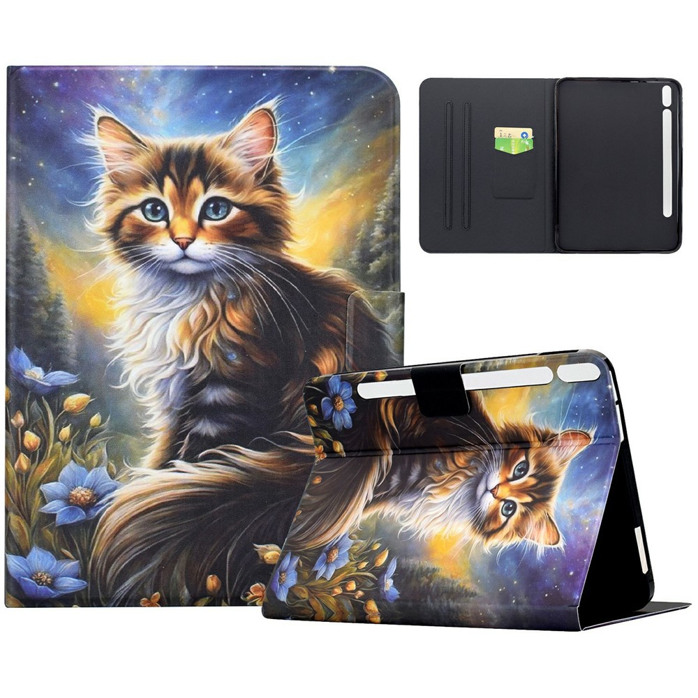For Samsung Galaxy Tab S9 / Tab S9 FE Case Pattern Printing Stand Leather Tablet Cover with Card Slots - Starry Night Cat