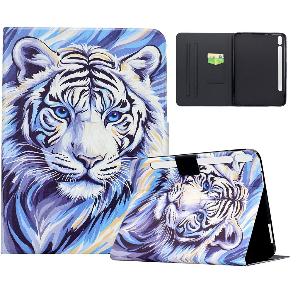For Samsung Galaxy Tab S9 / Tab S9 FE Case Pattern Printing Stand Leather Tablet Cover with Card Slots - Blue-Striped Tiger