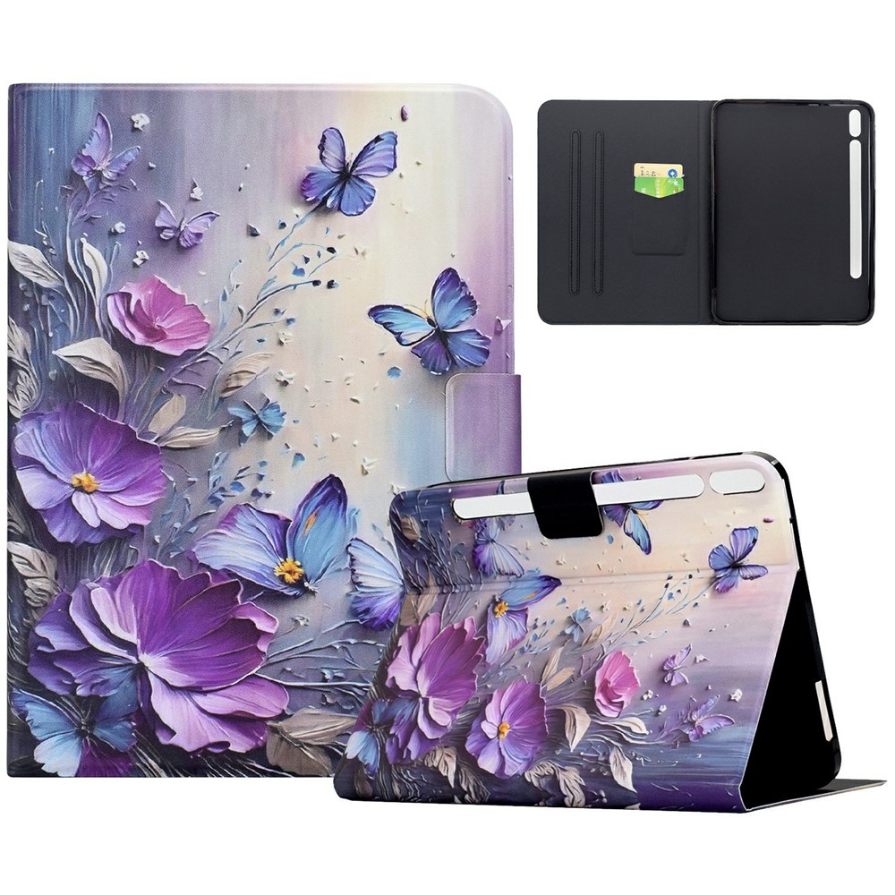 For Samsung Galaxy Tab S9 / Tab S9 FE Case Pattern Printing Stand Leather Tablet Cover with Card Slots - Purple Flower Butterfly