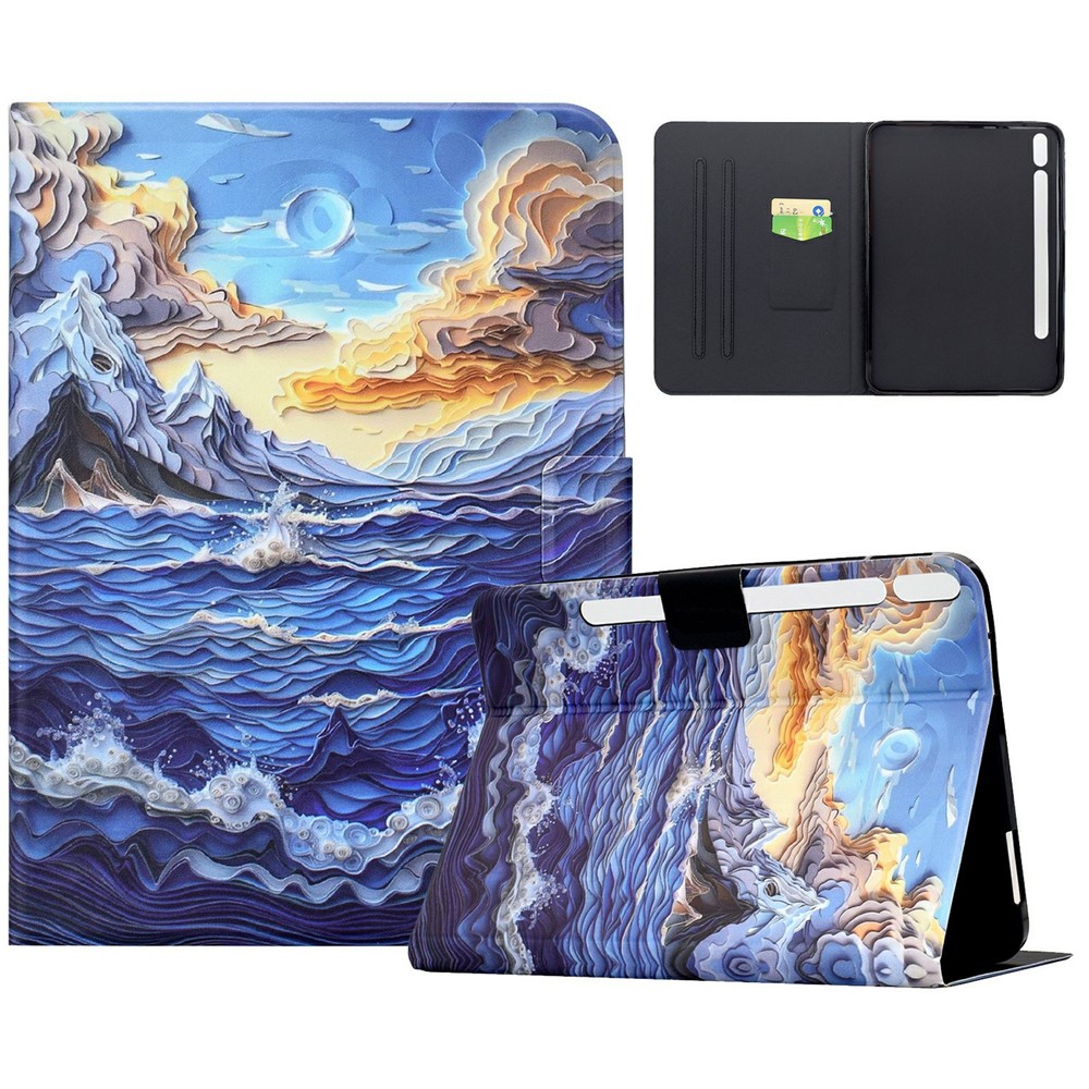 For Samsung Galaxy Tab S9 / Tab S9 FE Case Pattern Printing Stand Leather Tablet Cover with Card Slots - Mountain and Sea Waves