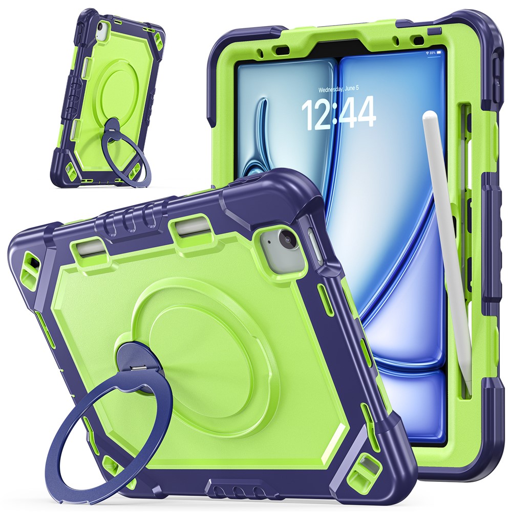 Tablet Case for iPad Air 11 (2026) / (2025) / (2024) / Air (2022) / (2020) / Pro 11 (2022) / (2021) / (2020) / (2018) TPU + PC + Silicone Cover with Kickstand - Navy Blue+Yellowgreen