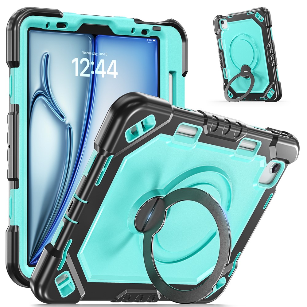 Tablet Case for iPad Air 11 (2026) / (2025) / (2024) / Air (2022) / (2020) / Pro 11 (2022) / (2021) / (2020) / (2018) TPU + PC + Silicone Cover with Kickstand - Black+Mint Green