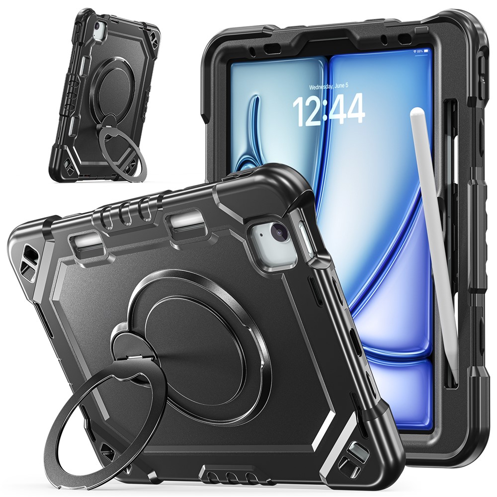 Tablet Case for iPad Air 11 (2026) / (2025) / (2024) / Air (2022) / (2020) / Pro 11 (2022) / (2021) / (2020) / (2018) TPU + PC + Silicone Cover with Kickstand - Black