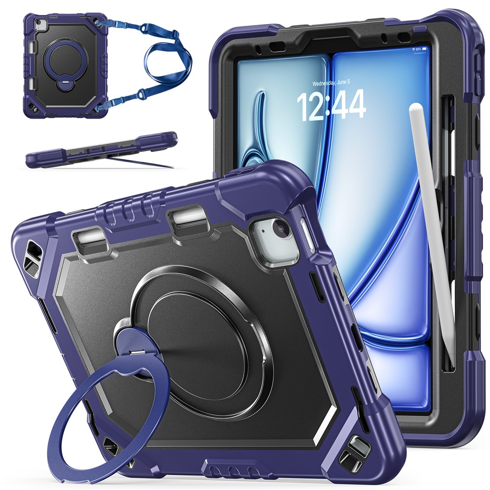 Kickstand Tablet Case for iPad Air 11 (2026) / (2025) / (2024) / Air (2022) / (2020) / Pro 11 (2022) / (2021) / (2020) / (2018) TPU + PC + Silicone Cover with Shoulder Strap - Navy Blue+Black